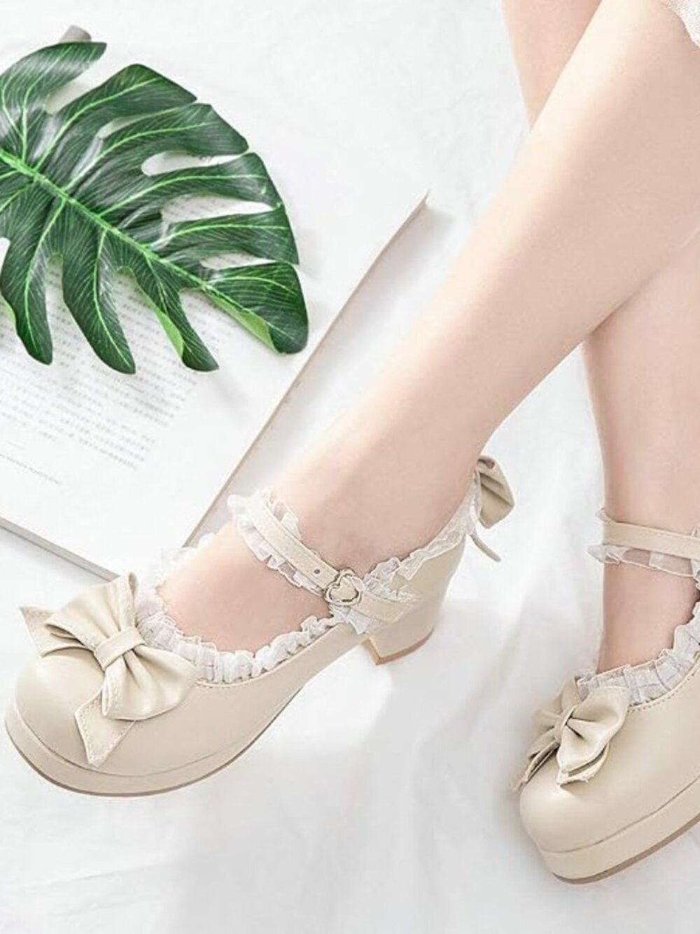 🤍🎀 LUXMAX Kawaii Lolita Mary Jane Pumps Bow Block Heel Shoes Beige Size 8.5 NW